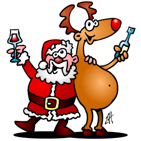 Santa Claus and his reindeer are having a drink, full color T-shirt design